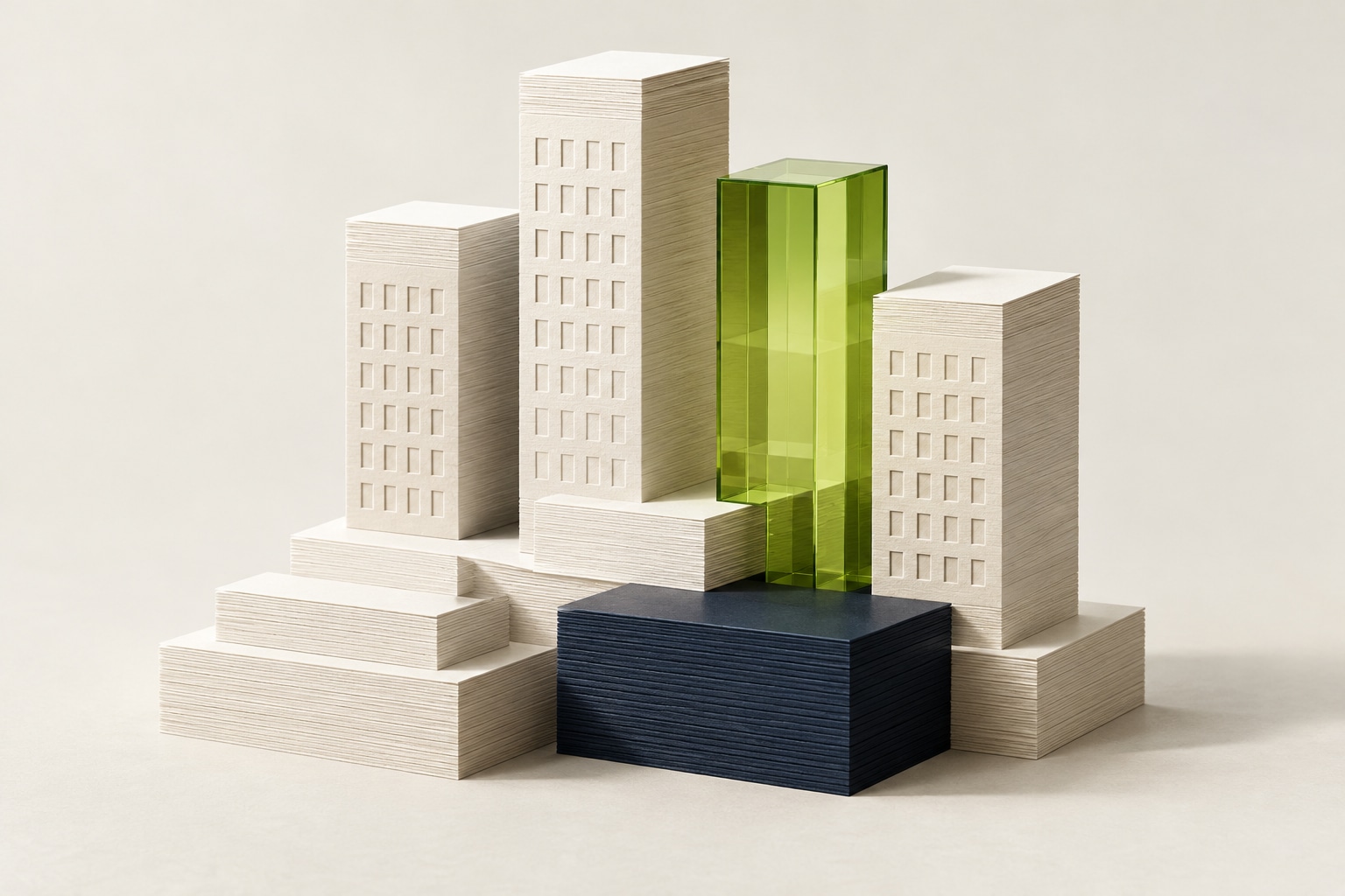 An architectural landscape crafted from stacked paper and translucent green glass